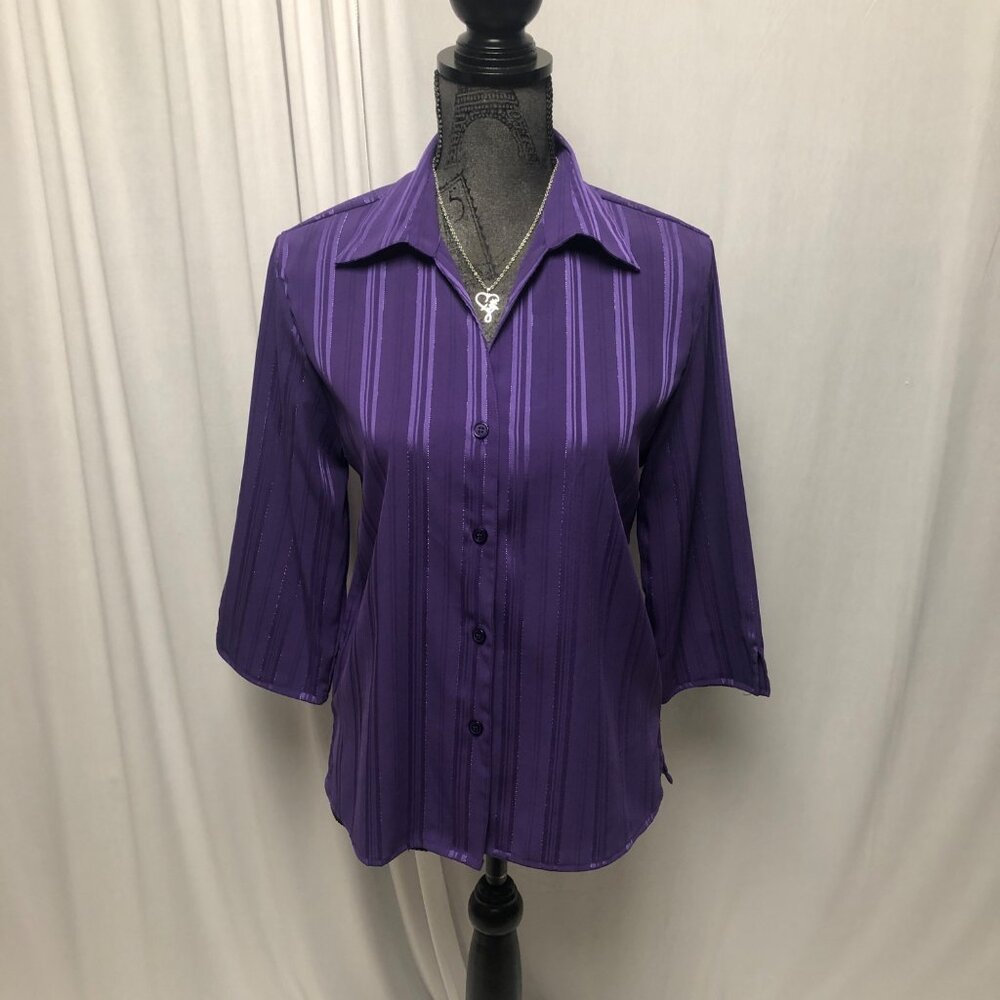 Joanna Blouse Womens Size Small Purple Silver Metallic Button Up Shirt